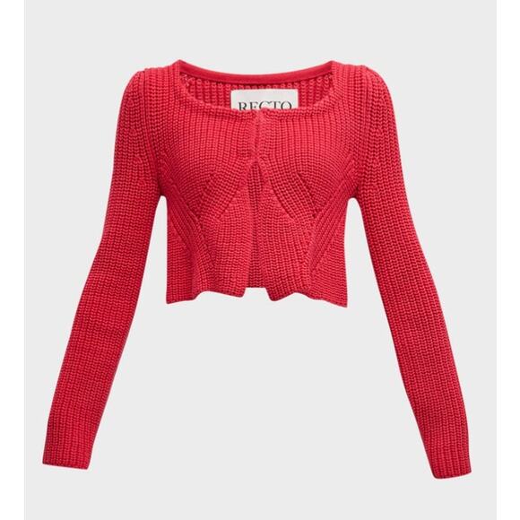 Recto Red Knit Chunky Scoop-Neck Crop Cardigan - Picture 5 of 14